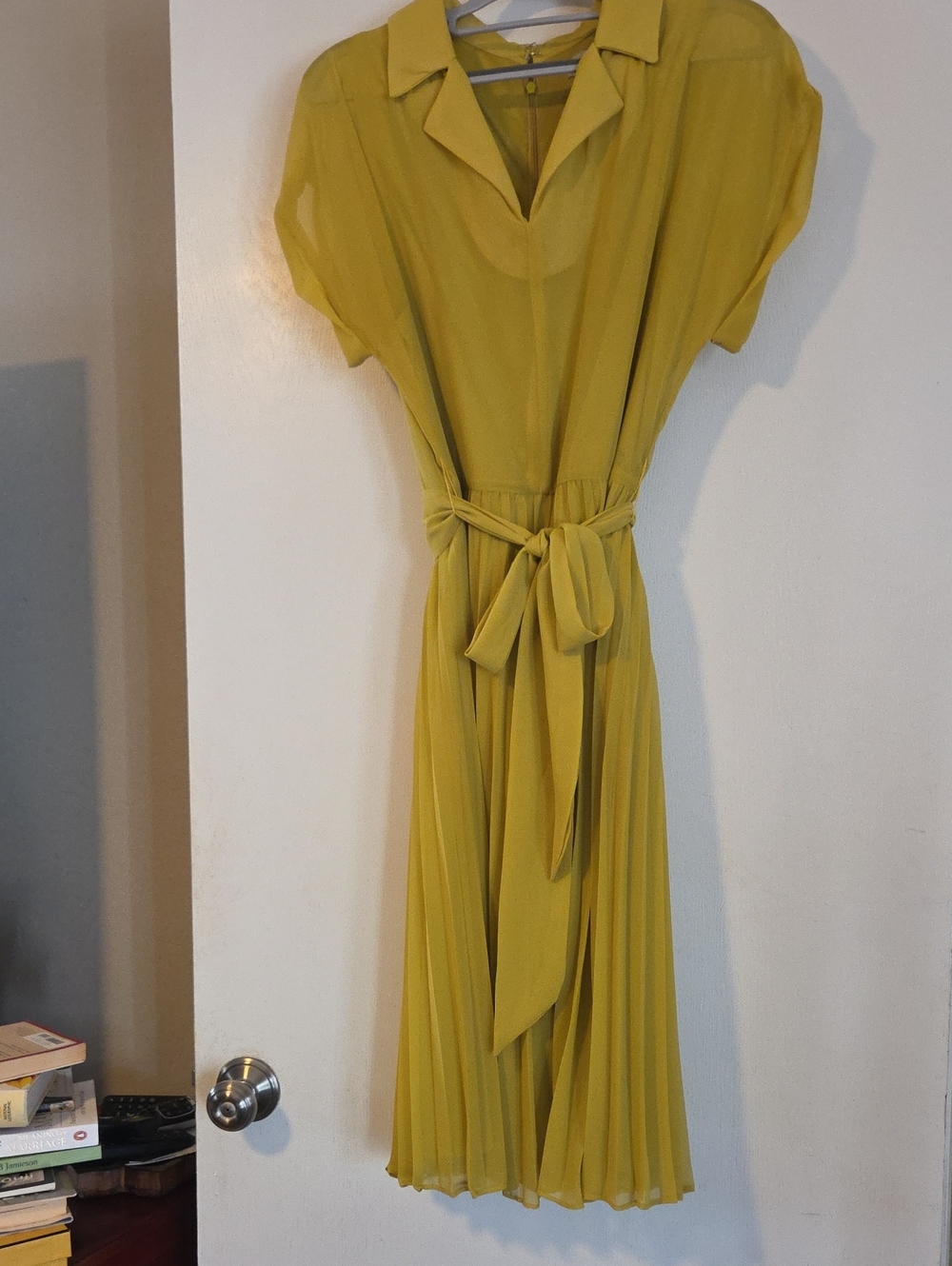 Shelby & Palmer Mustard Yellow Pleated Midi Dress with Tie Waist